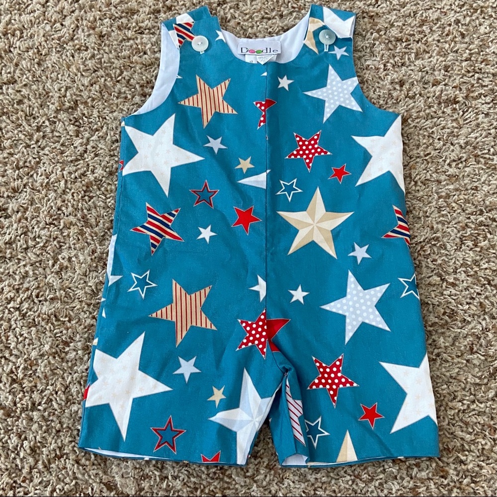 Lolly Dolly Doodle 12 Months USA Patriotic Romper July 4th Outfit Overalls - Picture 1 of 9